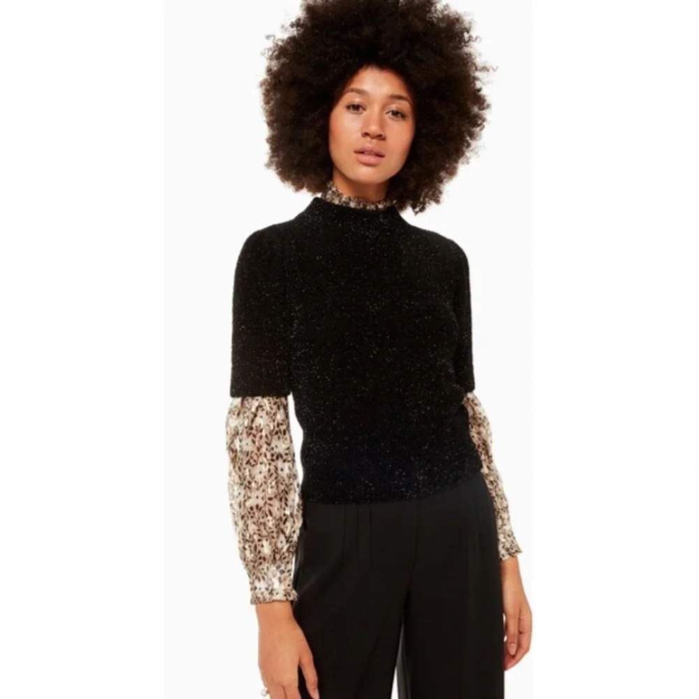Kate Spade Metallic Black Texture Short Sleeve Sweater
